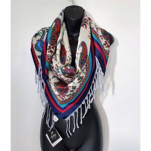 NWT Echo New York Silk Scarf 40" Colorful Paisley Print & Fringe Old Money Boho